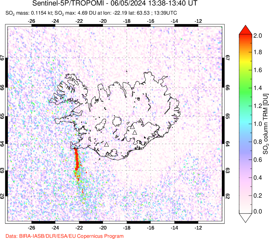 A sulfur dioxide image over Iceland on Jun 05, 2024.