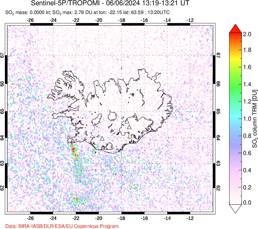 A sulfur dioxide image over Iceland on Jun 06, 2024.