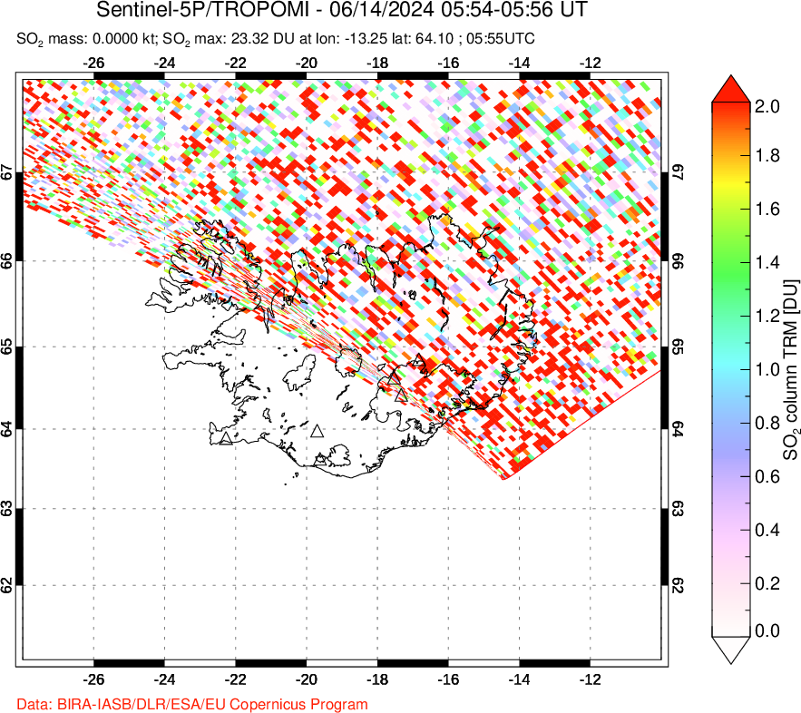 A sulfur dioxide image over Iceland on Jun 14, 2024.