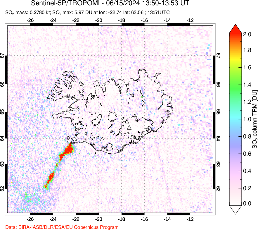 A sulfur dioxide image over Iceland on Jun 15, 2024.