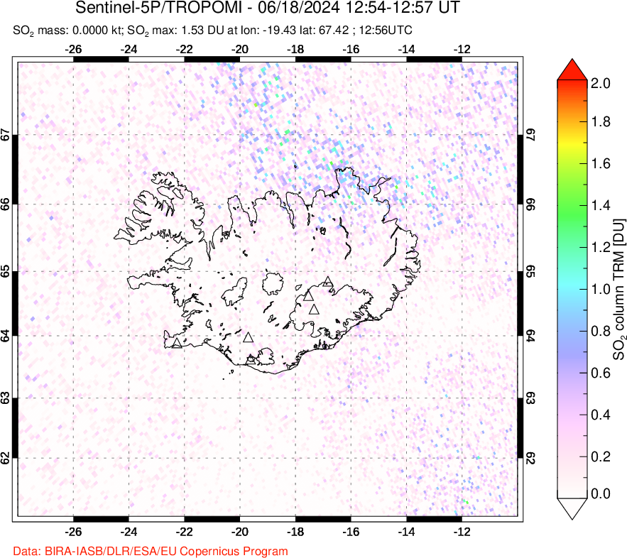 A sulfur dioxide image over Iceland on Jun 18, 2024.