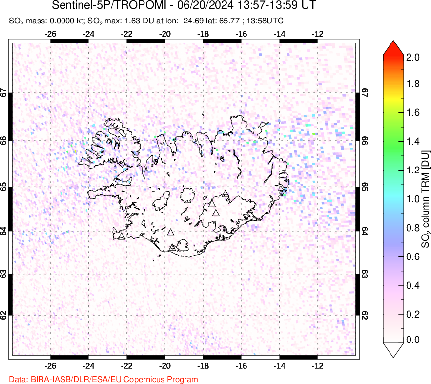 A sulfur dioxide image over Iceland on Jun 20, 2024.