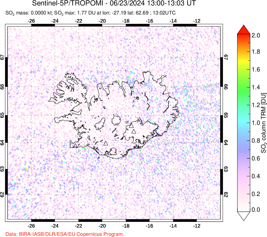 A sulfur dioxide image over Iceland on Jun 23, 2024.