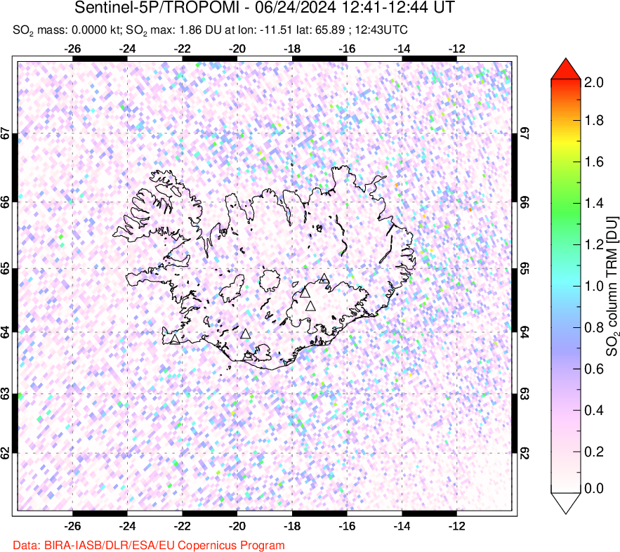 A sulfur dioxide image over Iceland on Jun 24, 2024.