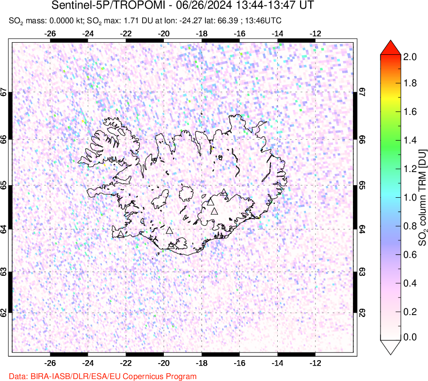 A sulfur dioxide image over Iceland on Jun 26, 2024.