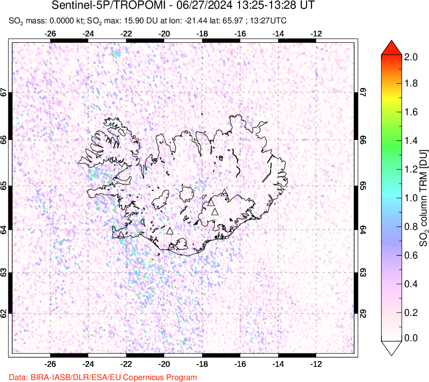 A sulfur dioxide image over Iceland on Jun 27, 2024.