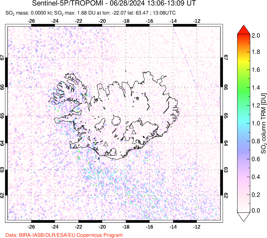 A sulfur dioxide image over Iceland on Jun 28, 2024.