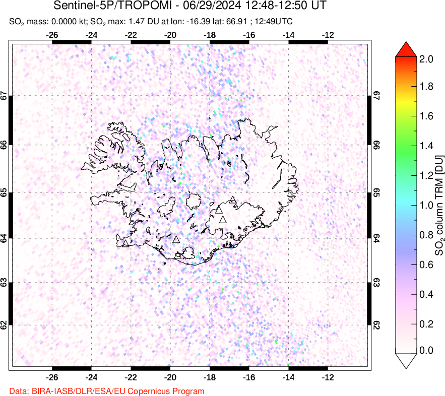 A sulfur dioxide image over Iceland on Jun 29, 2024.