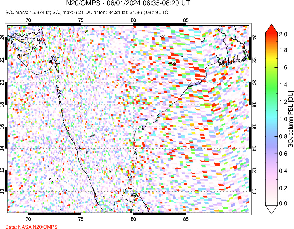 A sulfur dioxide image over India on Jun 01, 2024.