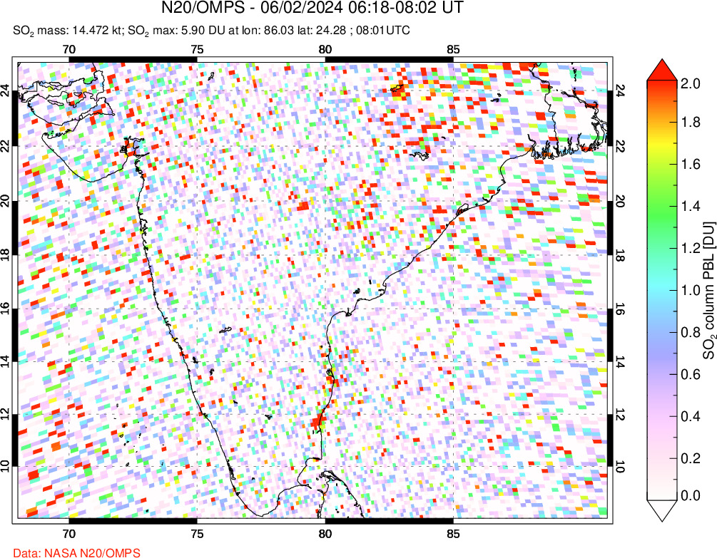 A sulfur dioxide image over India on Jun 02, 2024.