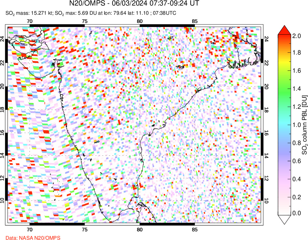 A sulfur dioxide image over India on Jun 03, 2024.