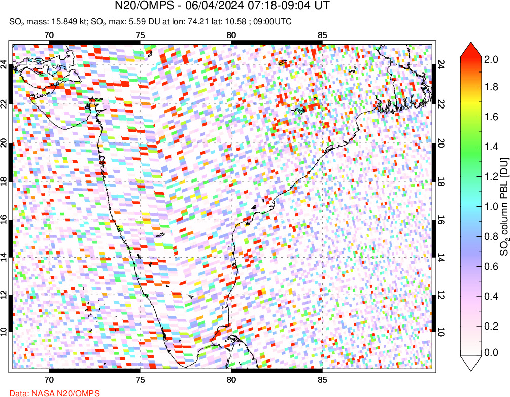 A sulfur dioxide image over India on Jun 04, 2024.