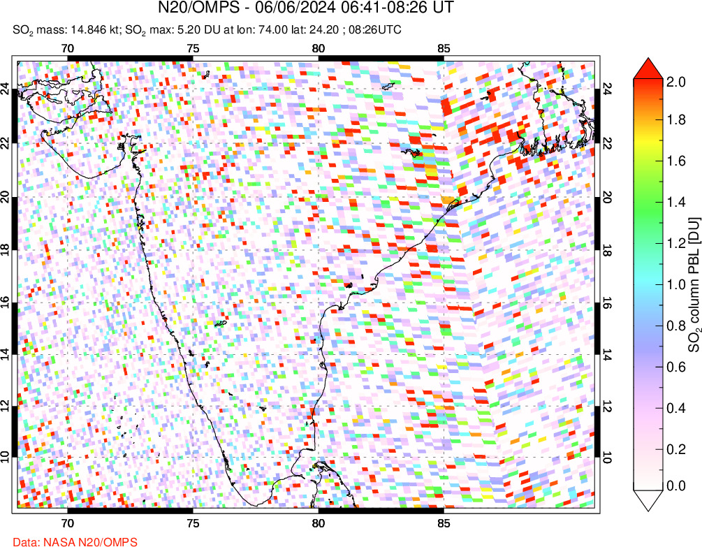 A sulfur dioxide image over India on Jun 06, 2024.