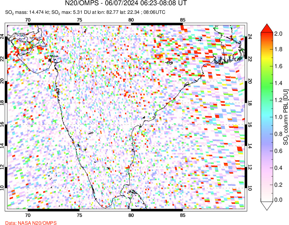 A sulfur dioxide image over India on Jun 07, 2024.