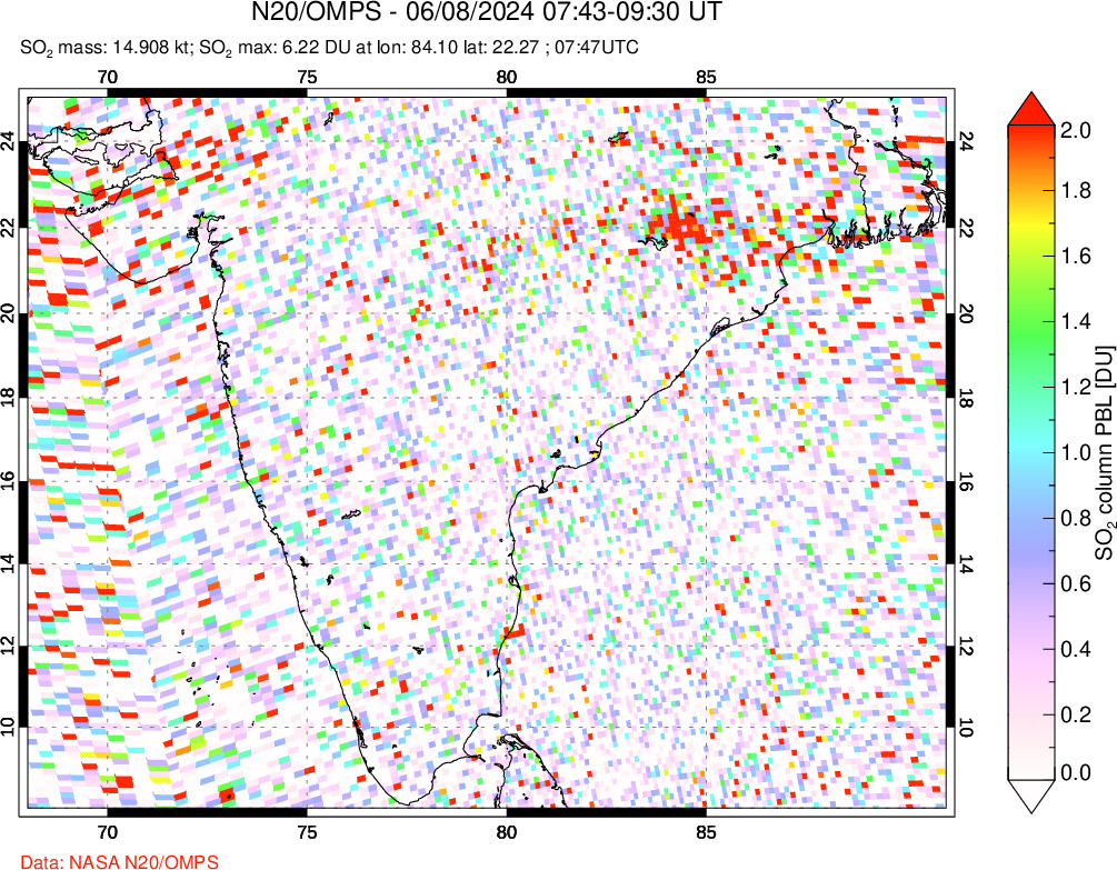 A sulfur dioxide image over India on Jun 08, 2024.