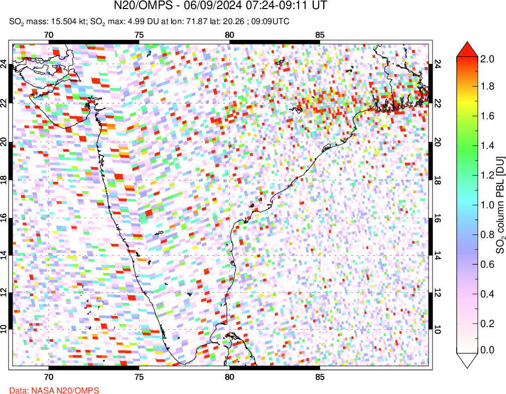 A sulfur dioxide image over India on Jun 09, 2024.