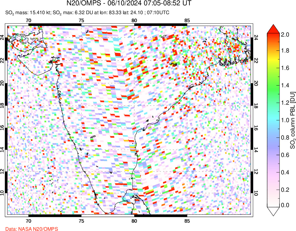 A sulfur dioxide image over India on Jun 10, 2024.