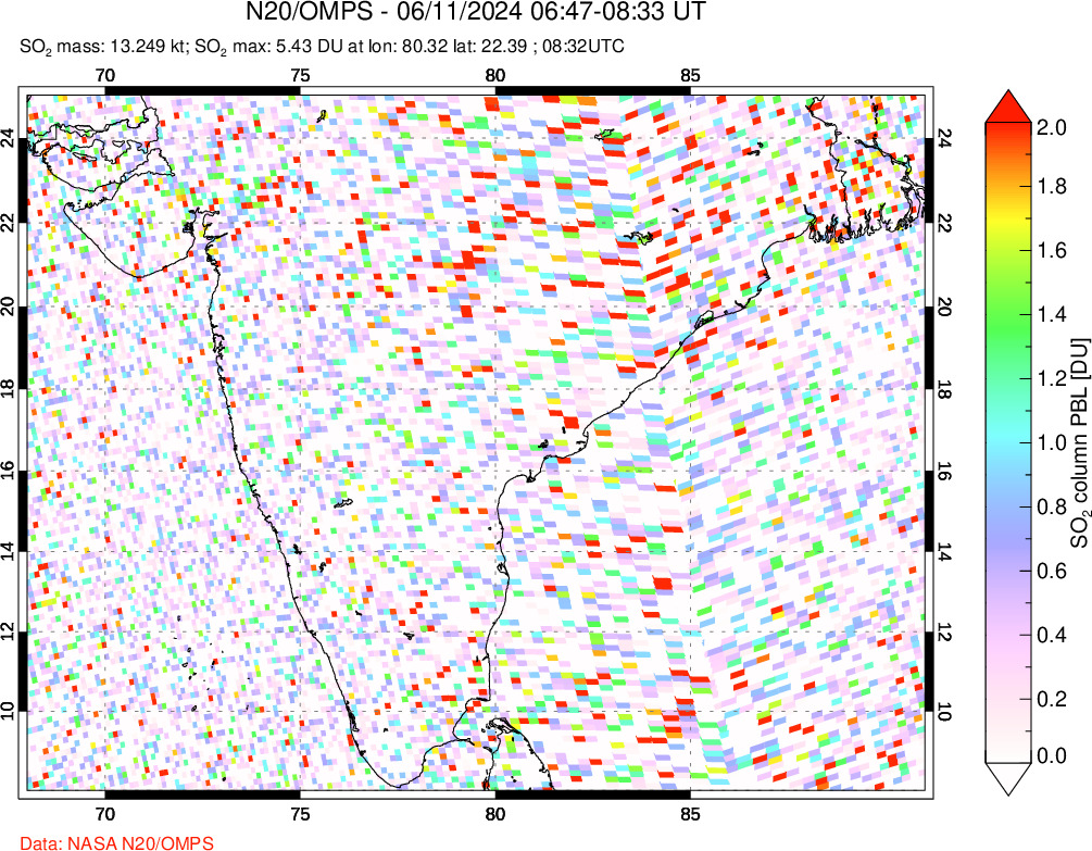 A sulfur dioxide image over India on Jun 11, 2024.