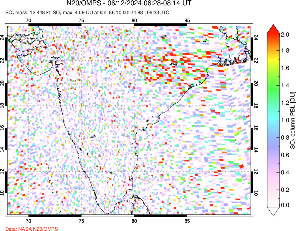 A sulfur dioxide image over India on Jun 12, 2024.