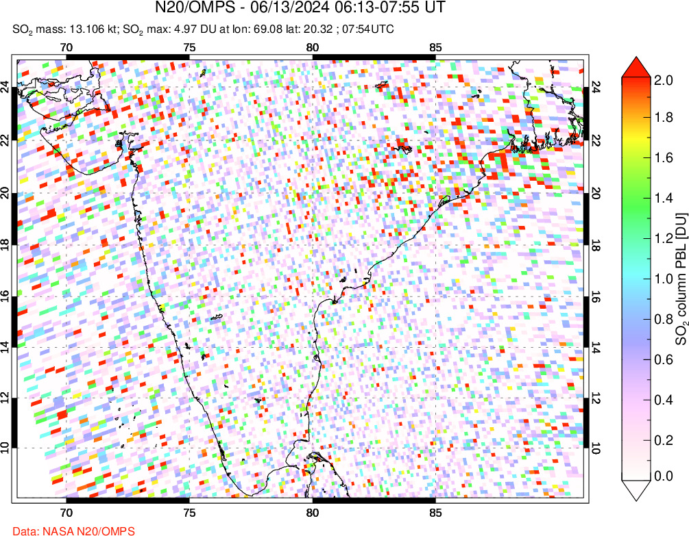 A sulfur dioxide image over India on Jun 13, 2024.