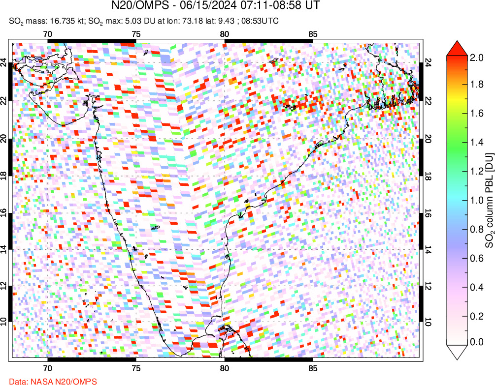 A sulfur dioxide image over India on Jun 15, 2024.