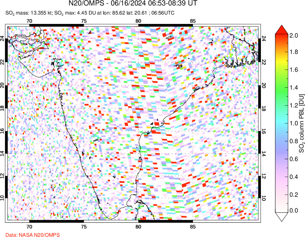 A sulfur dioxide image over India on Jun 16, 2024.