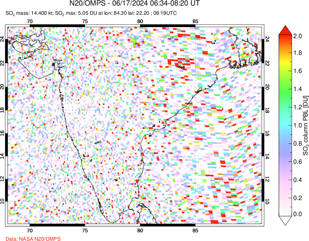 A sulfur dioxide image over India on Jun 17, 2024.