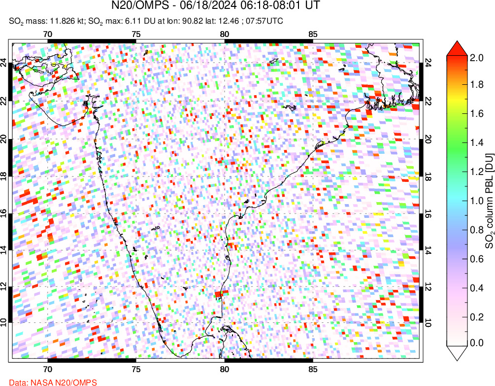 A sulfur dioxide image over India on Jun 18, 2024.