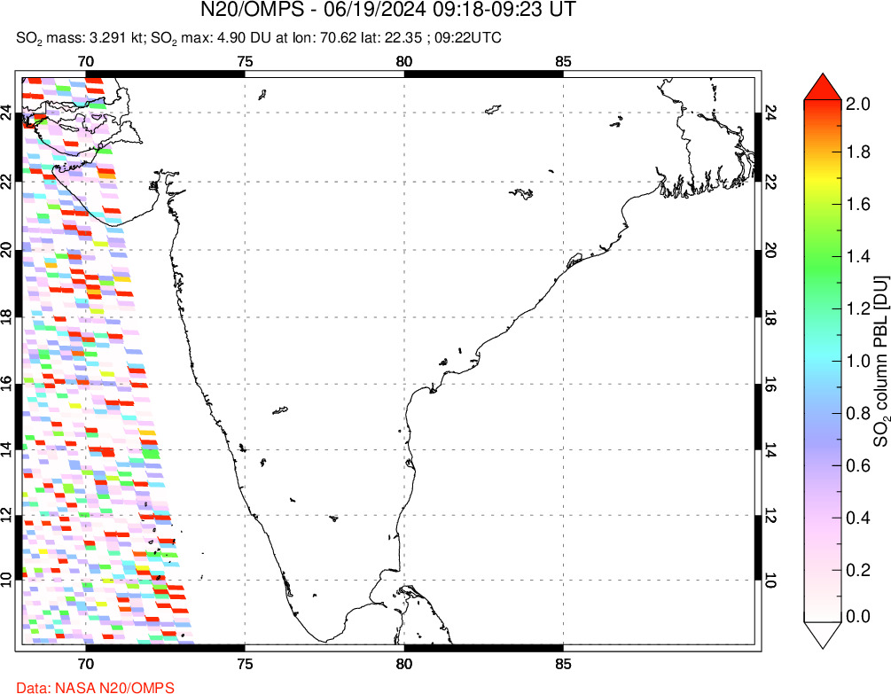 A sulfur dioxide image over India on Jun 19, 2024.