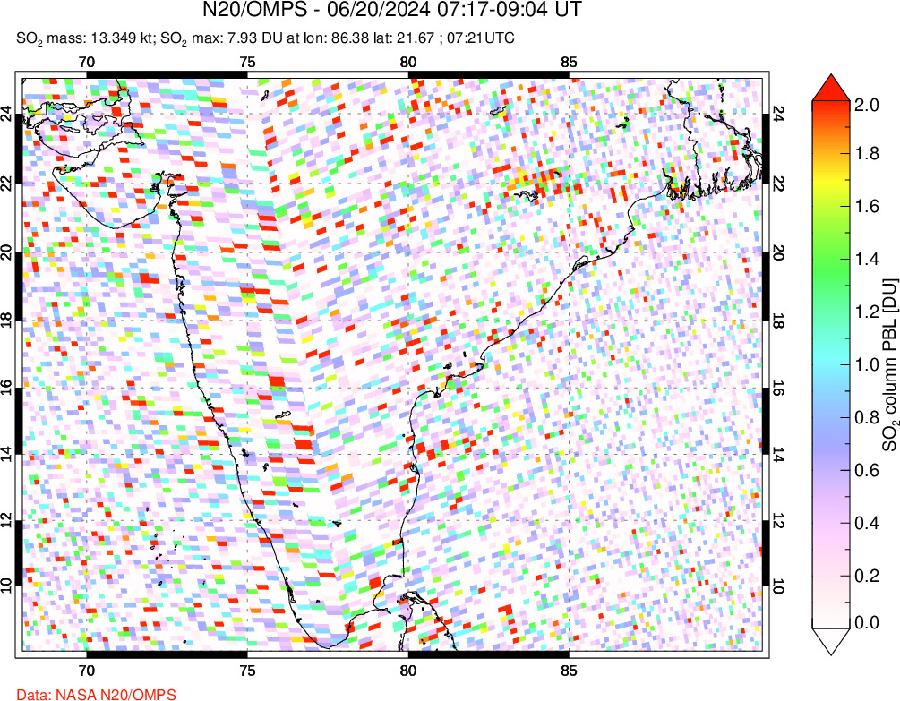 A sulfur dioxide image over India on Jun 20, 2024.