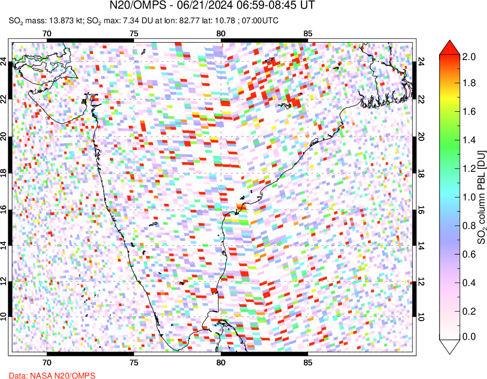 A sulfur dioxide image over India on Jun 21, 2024.