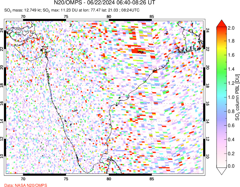 A sulfur dioxide image over India on Jun 22, 2024.