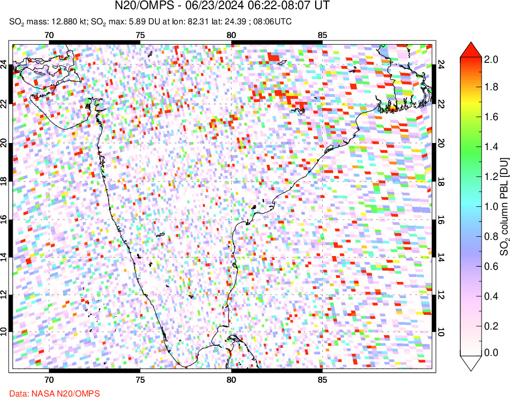 A sulfur dioxide image over India on Jun 23, 2024.