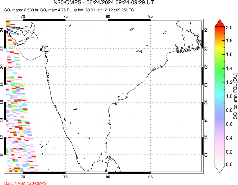 A sulfur dioxide image over India on Jun 24, 2024.