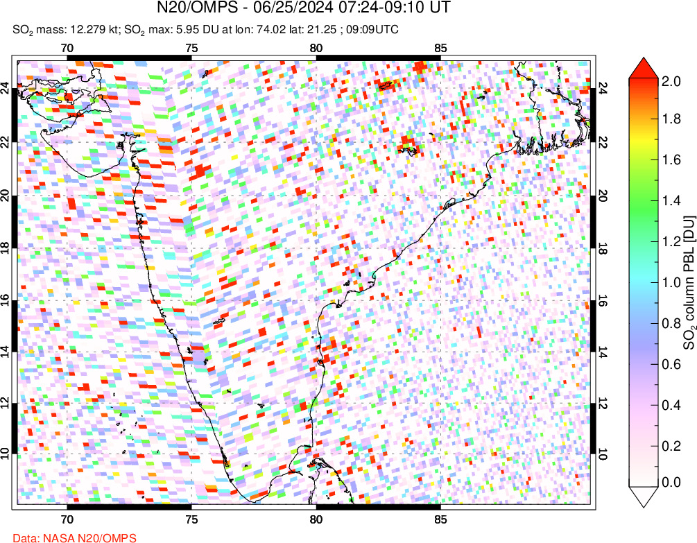 A sulfur dioxide image over India on Jun 25, 2024.