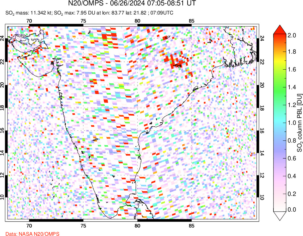 A sulfur dioxide image over India on Jun 26, 2024.