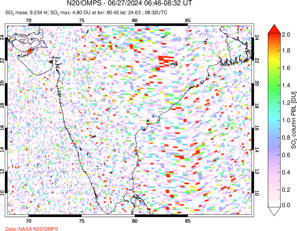 A sulfur dioxide image over India on Jun 27, 2024.