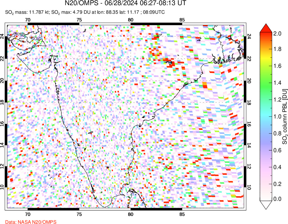 A sulfur dioxide image over India on Jun 28, 2024.