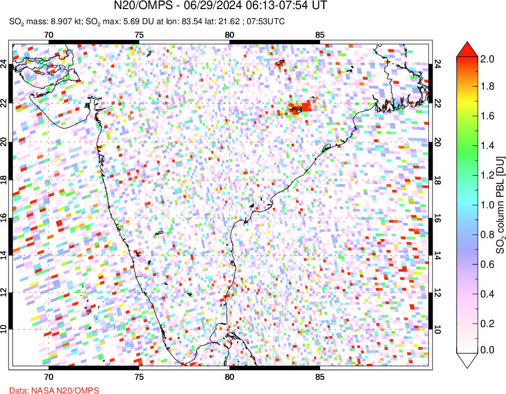 A sulfur dioxide image over India on Jun 29, 2024.