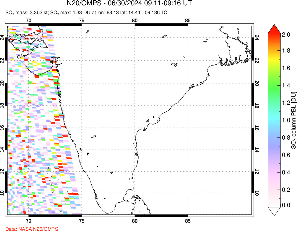 A sulfur dioxide image over India on Jun 30, 2024.