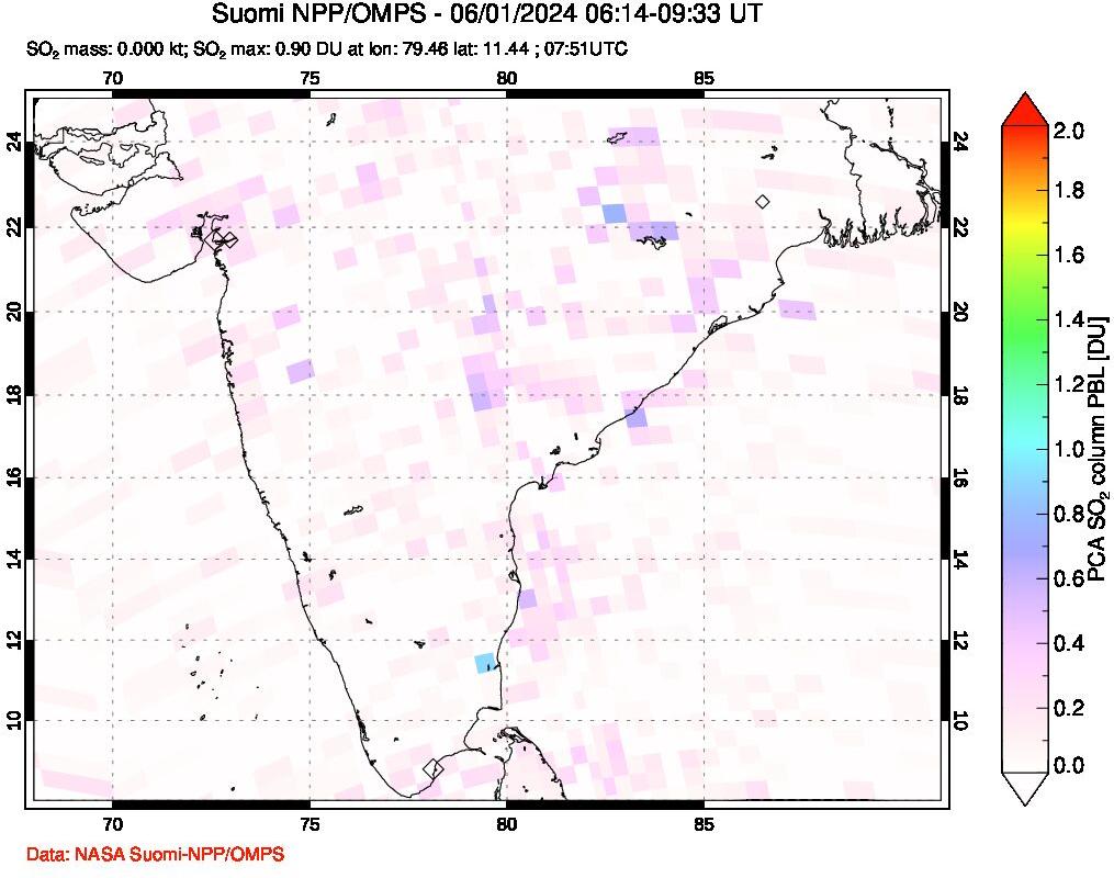 A sulfur dioxide image over India on Jun 01, 2024.