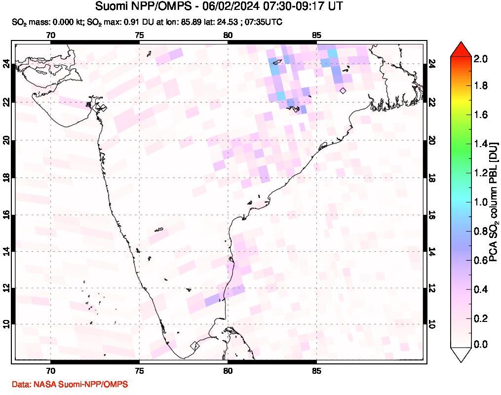 A sulfur dioxide image over India on Jun 02, 2024.