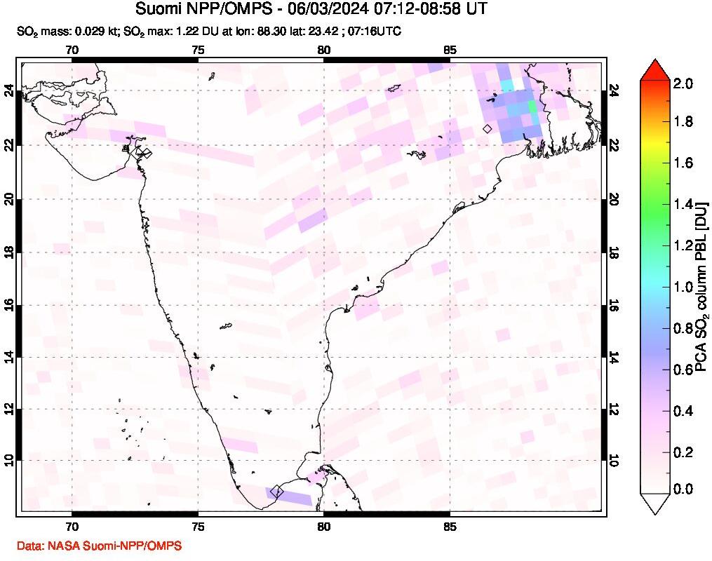 A sulfur dioxide image over India on Jun 03, 2024.