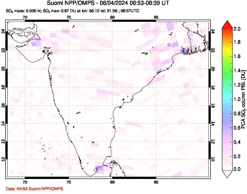 A sulfur dioxide image over India on Jun 04, 2024.