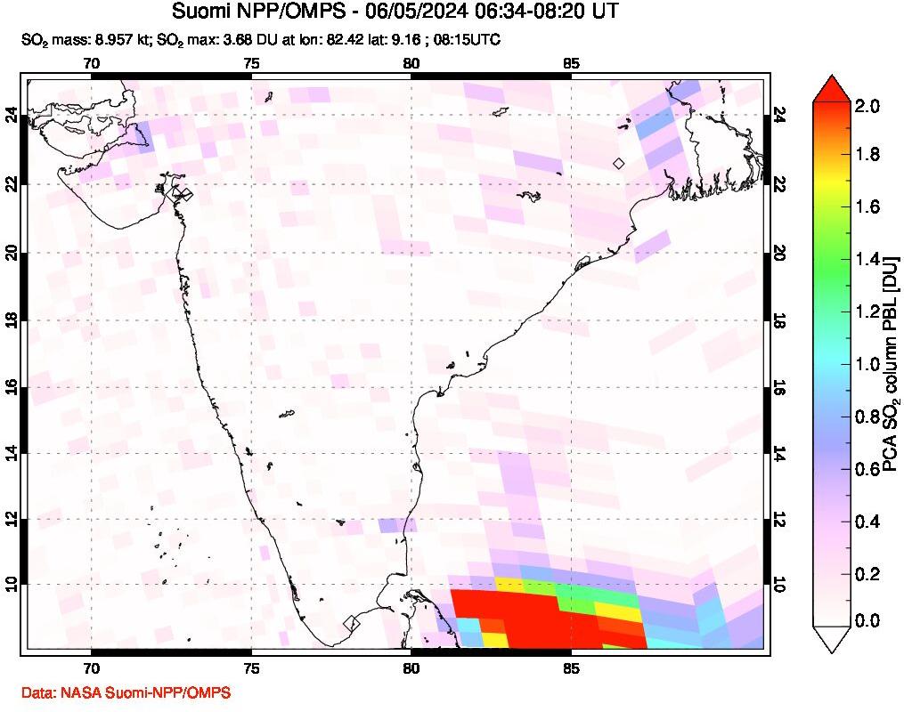 A sulfur dioxide image over India on Jun 05, 2024.