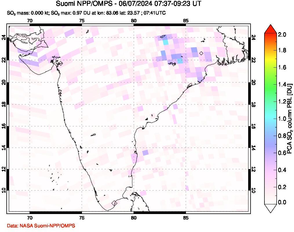 A sulfur dioxide image over India on Jun 07, 2024.