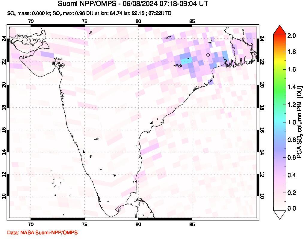 A sulfur dioxide image over India on Jun 08, 2024.