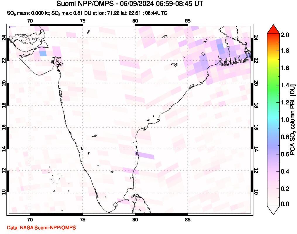 A sulfur dioxide image over India on Jun 09, 2024.