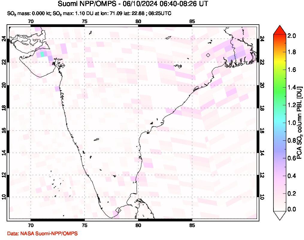 A sulfur dioxide image over India on Jun 10, 2024.