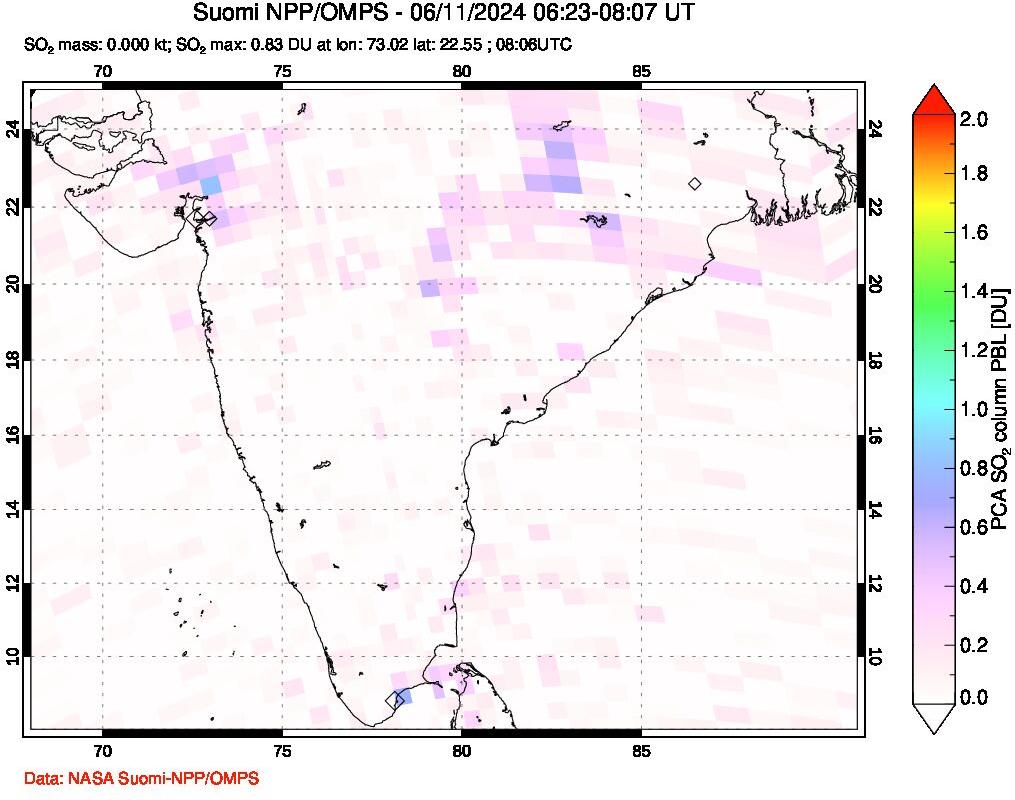 A sulfur dioxide image over India on Jun 11, 2024.